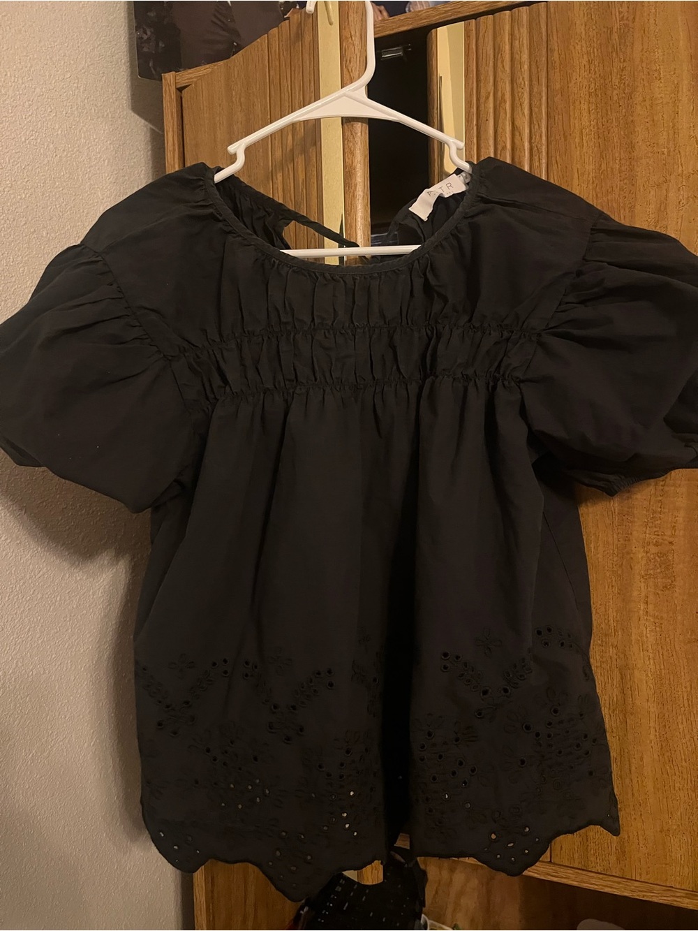 Black Puff-Sleeve Eyelet Top